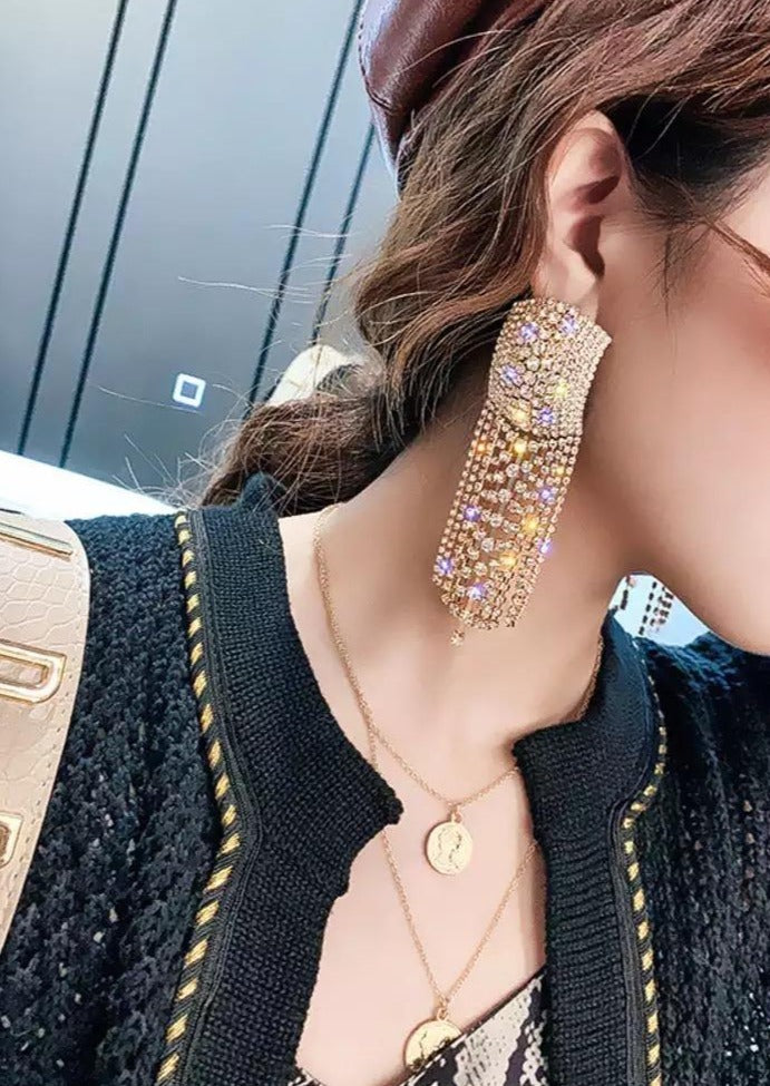 Gold Large Rhinestone Tassel Earrings