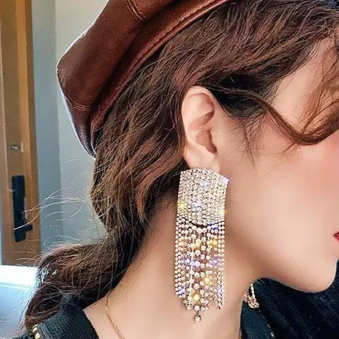 Gold Large Rhinestone Tassel Earrings