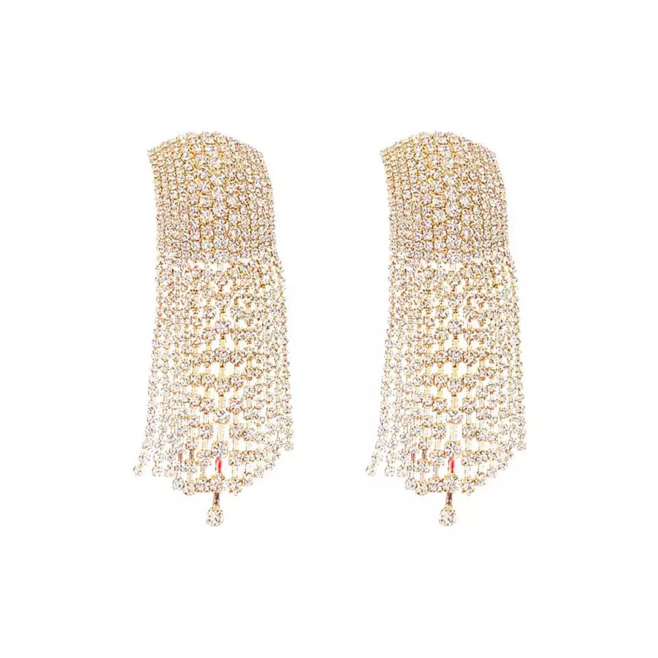 Gold Large Rhinestone Tassel Earrings