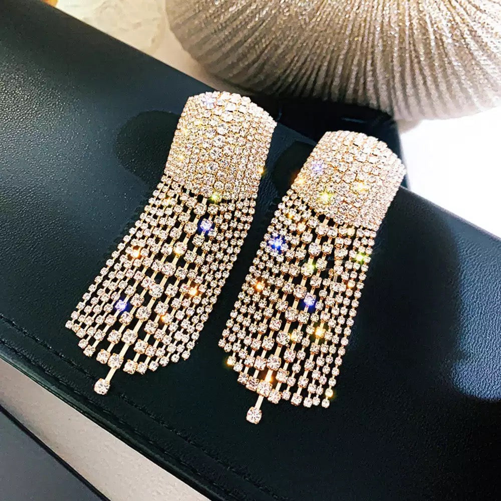 Gold Large Rhinestone Tassel Earrings