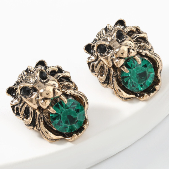 Green Lion Head Stud Earrings