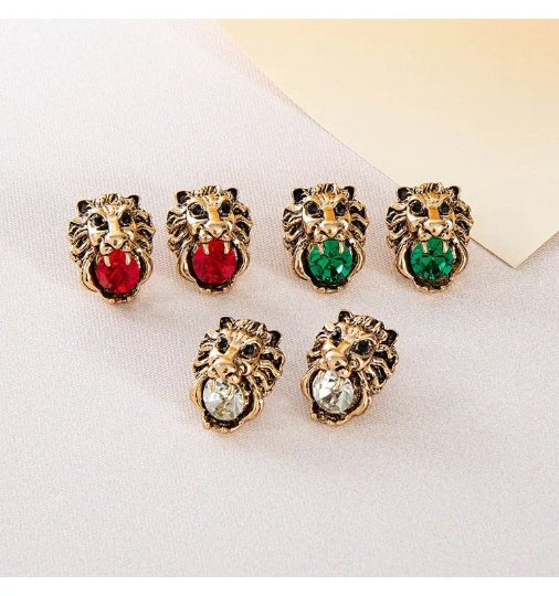 Green Lion Head Stud Earrings