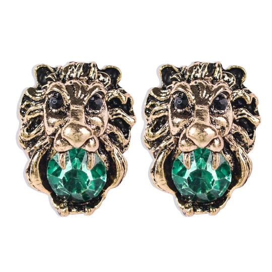 Green Lion Head Stud Earrings