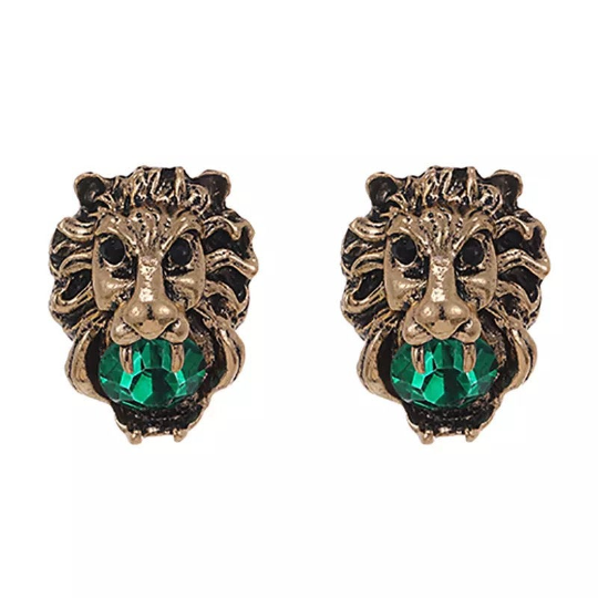 Green Lion Head Stud Earrings