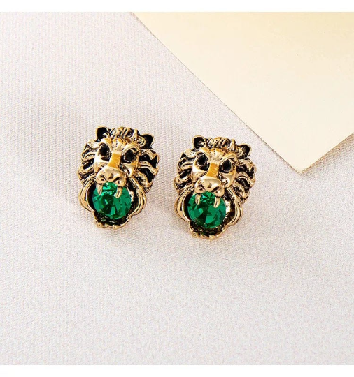Green Lion Head Stud Earrings
