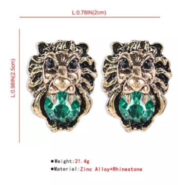 Green Lion Head Stud Earrings