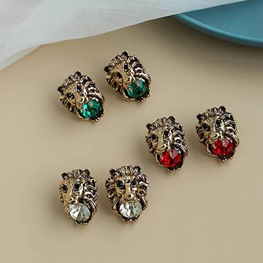 Green Lion Head Stud Earrings